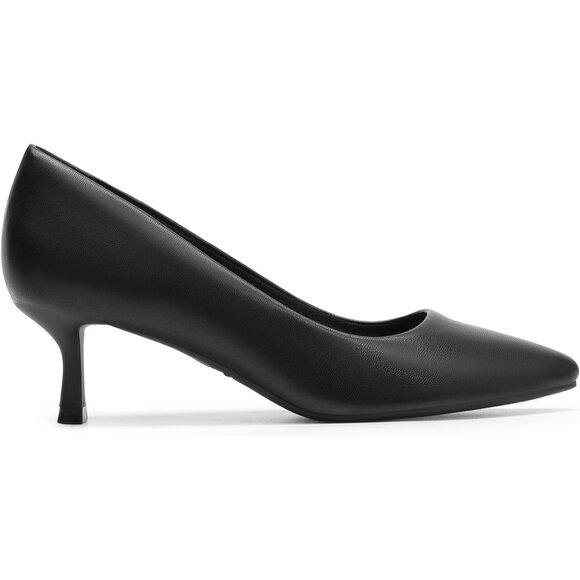 Women's Black Leather Pumps Pointed Toe Kitten Heels Party Wedding Dress Shoes - Picture 2 of 7